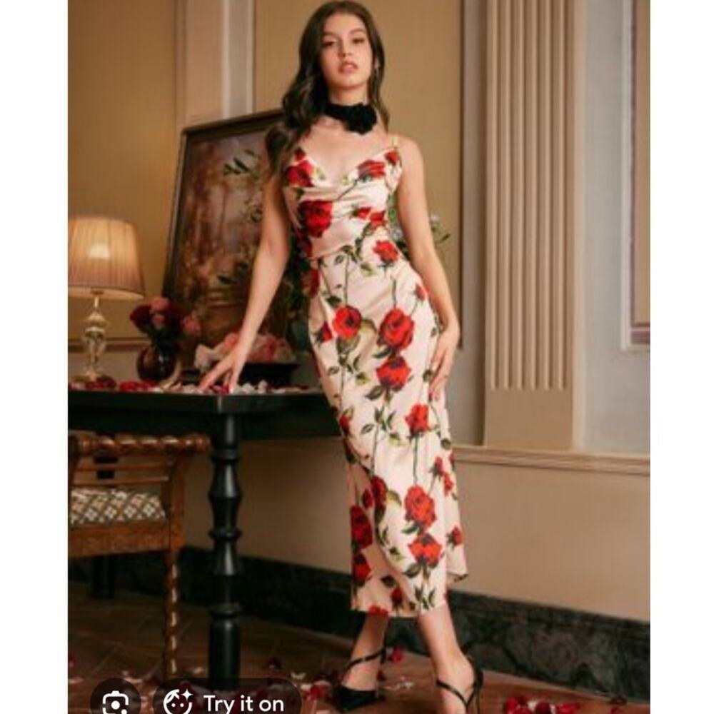 Cider Forgotten Rose Satin Slip Dress 3X Midi Maxi Cowl Neck Romantic Date Night